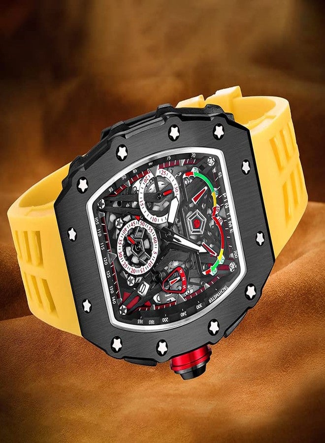 FANMIS Mens Luxury Tonneau Square Watches Analog Punk Chronograph Unique Sports Wrist Watch Japanese Movement Luminous Design with Rubber Band (Black Yellow) - Image 3